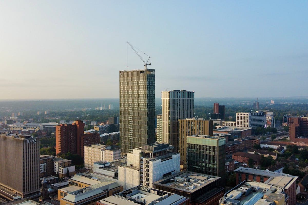 Birmingham city centre skyline with canals in the foreground