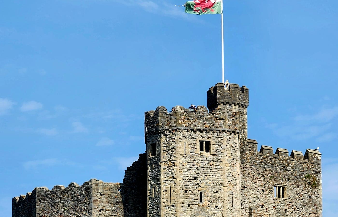 Cardiff Castle with Bute Park and the city behind it on a sunny day
