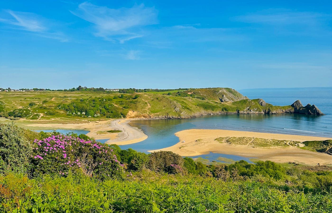Barafundle Bay from the clifftop path with turquoise water below