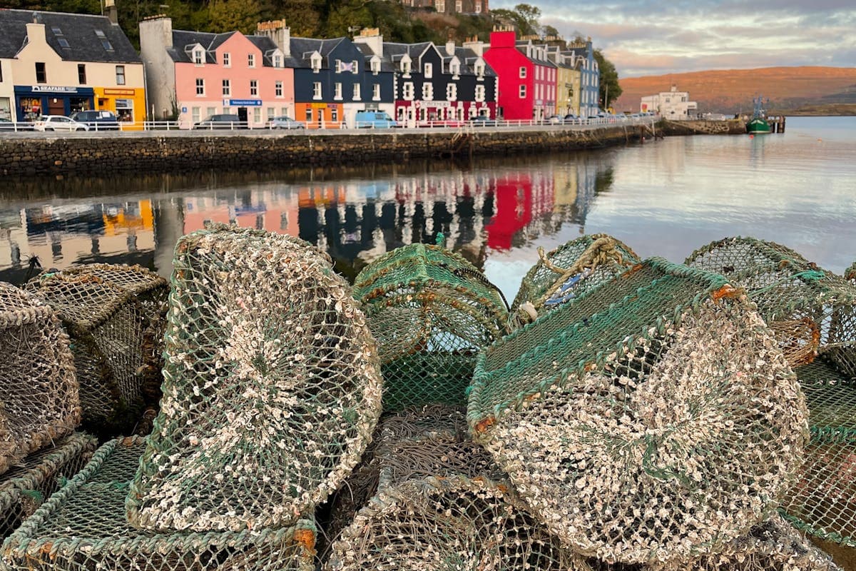 Tobermory's famous colourful waterfront buildings reflected in the harbour
