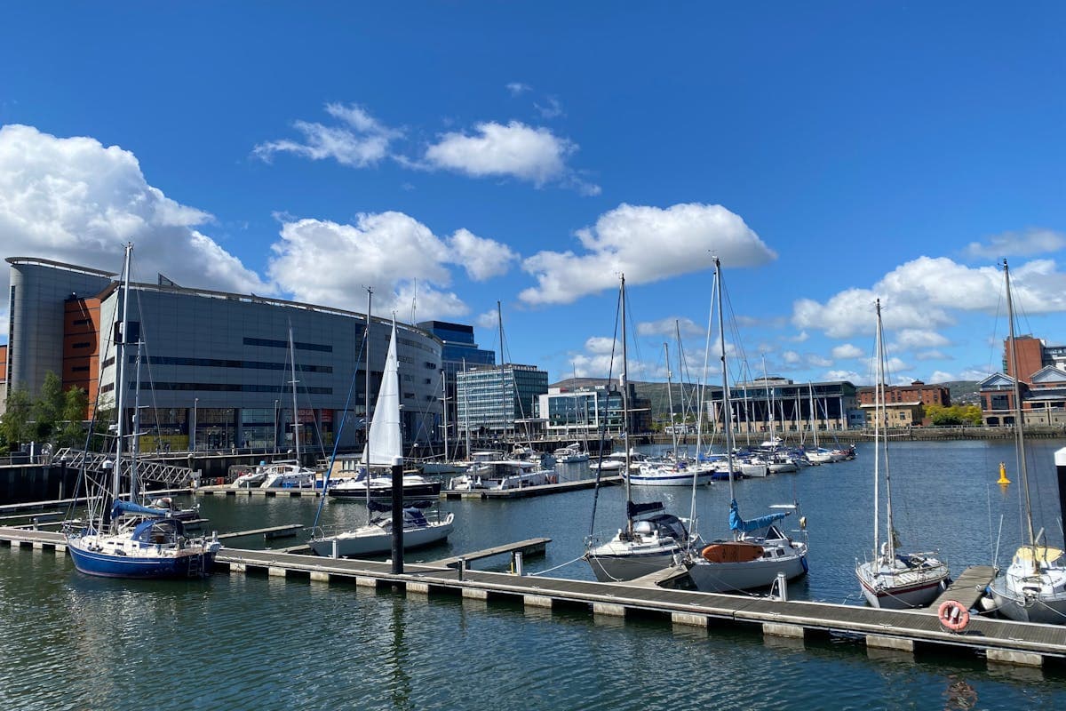 Bangor Marina with yachts on Belfast Lough and the Scottish hills visible across the water