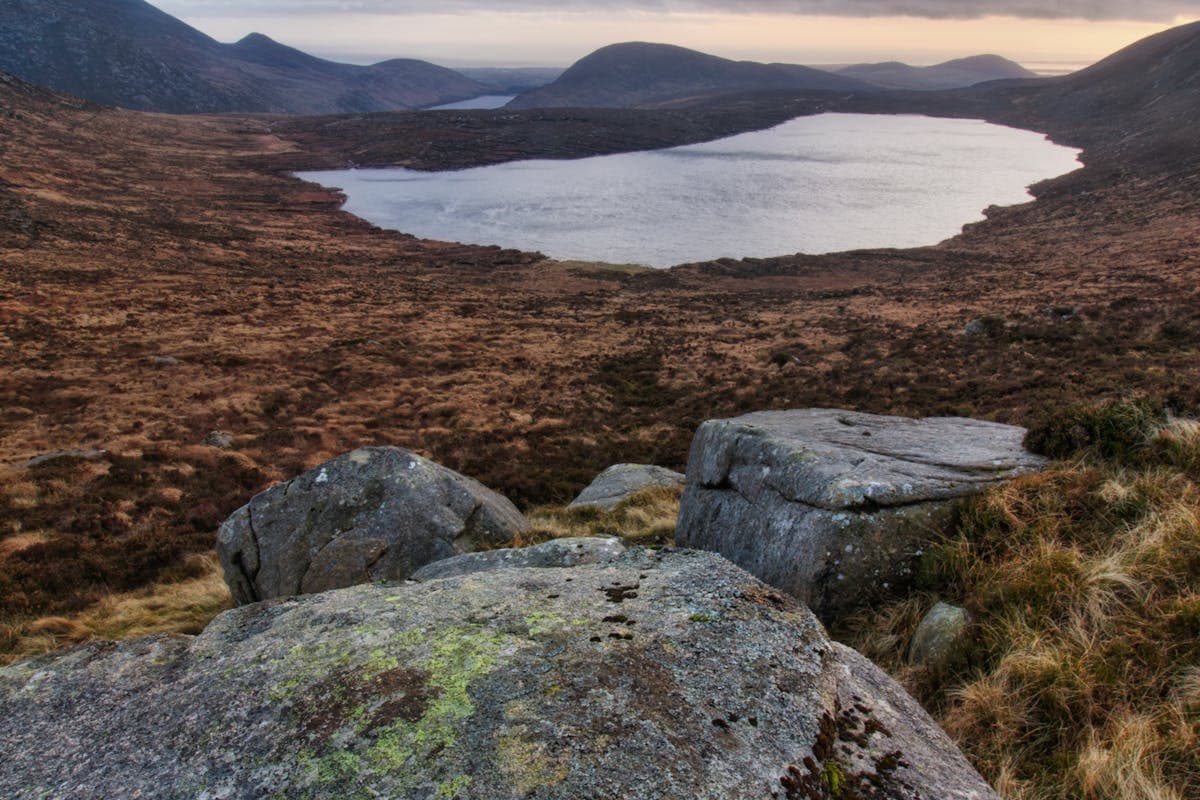 The Mourne Mountains rising above Newcastle town and the County Down coastline